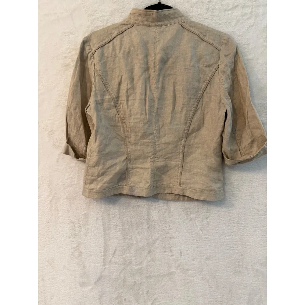 White House Black Market Linen Jacket Womens 6 Tan Lace Up Blazer 3/4 Sleeve